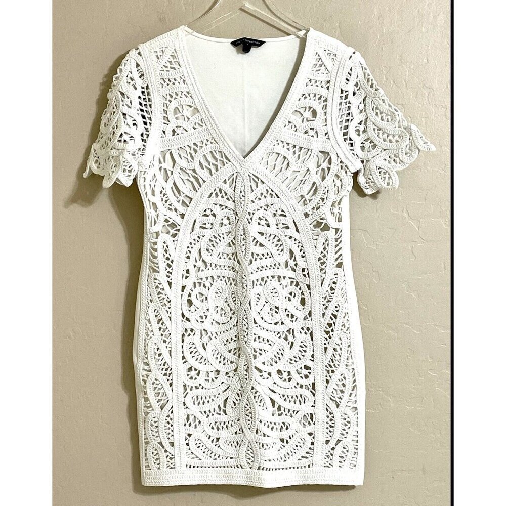 French Connection White Crochet Embroidery Mini Short Dress V Neck Sz 10 L - Picture 15 of 16